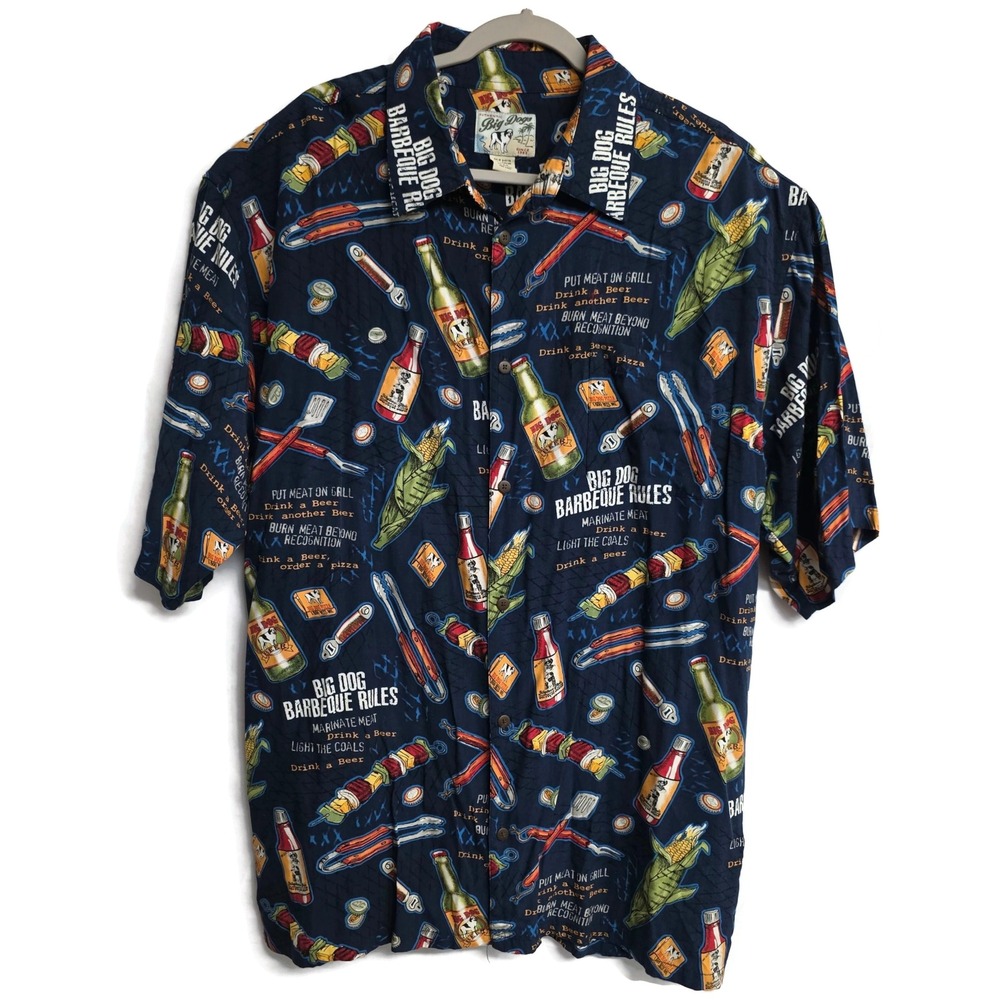 Big Dogs Barbeque Rules Navy Blue Rayon BBQ Button Up Shirt Mens XLT
